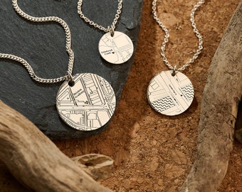 Custom Street Map Sterling Silver Necklace: Engraved Location Pendant, Reminder Of Home, Where You Met Gift For Him