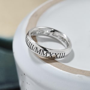Roman Numerals Silver Ring - Custom Date Ring - Mans Chunky Sterling Silver Ring - Mans Personalised Ring - Silver Engraved Band Ring