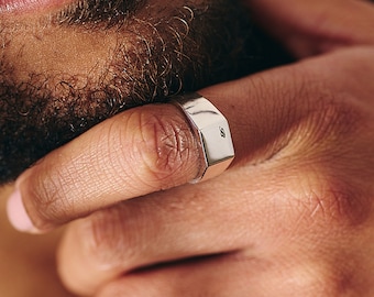 Sterling Silver Initial Signet Ring: Engraved Square Pinky Ring For Men With Custom Engraving, Mens Birthday Anniversary Christmas Gift