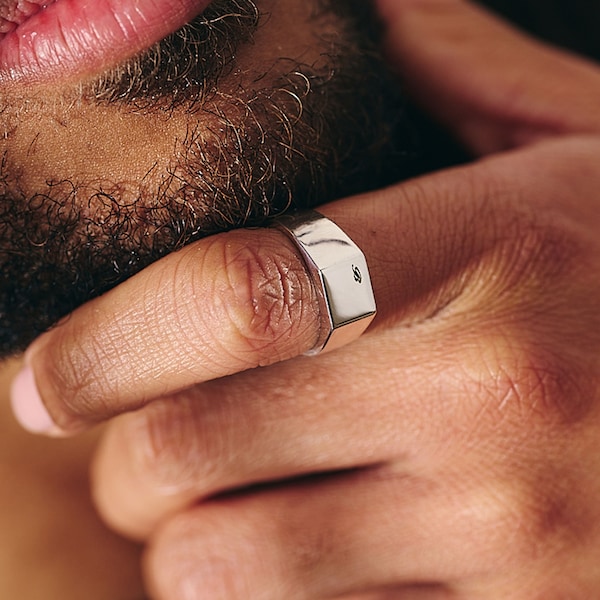 Initial Silver Signet Ring - Mens Square Ring Silver Engraved - Initials Pinkie Ring - Mans Pinky Ring - Silver Personalised Ring For Men