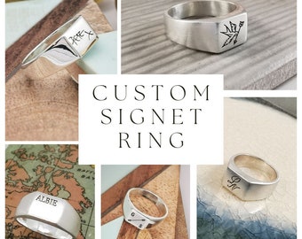 Custom Engraved Silver Signet Ring - Bespoke Design - Your Handwriting - Square Signet Ring - Mens Or Womens Custom Rings Sterling Silver