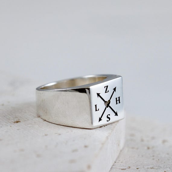 Family Initials Solid Silver Signet Ring, Large Square - Man's Personalised Initials Signet Ring - Father's Day Gift For Dad