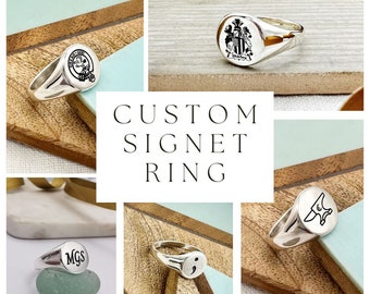 Custom Engraved Sterling Silver Signet Ring: Handwriting, Icons, Runes, Logos, Symbols, Icons, Family Crests - Mans Bespoke Pinky Ring