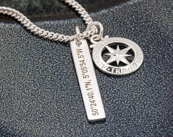 Travel Safe Custom Latitude Longitude Coordinates Tag necklace - Silver bespoke location gift for anniversary, graduation birthday travels