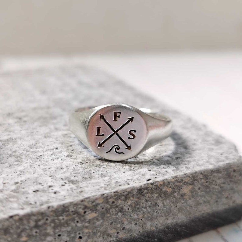 family initials round sterling silver mens or womens signet ring