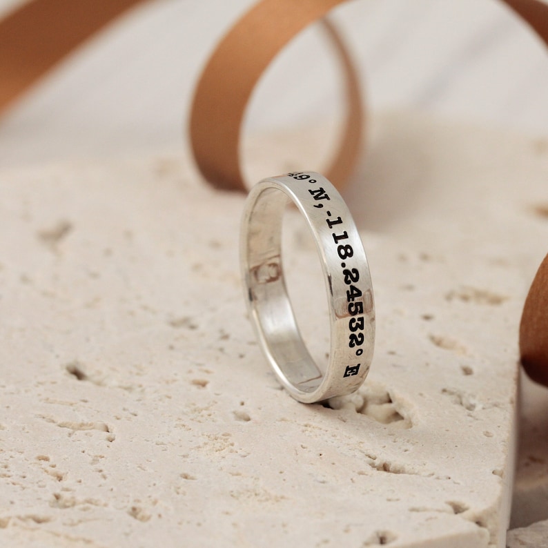 custom location latitude longitude coordinates silver band ring