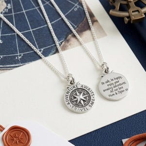 Reisveilig avontuur wacht 15 mm kompasketting - massief sterlingzilver alternatief Sint-Christoffelcadeau voor mannen, veel geluk reizen