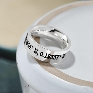 Latitude Longitude Mens Ring - Custom Co-Ordinates Mans Silver Personalized Ring, Bespoke Location Engraved Silver Ring Anniversary Wedding