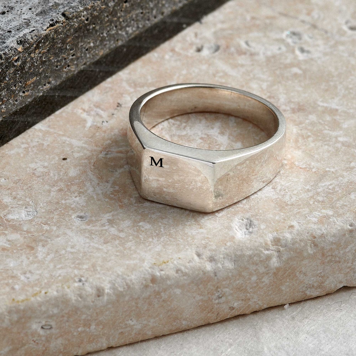 Initial Silver Ring Mens Square Ring Custom Engraved Etsy