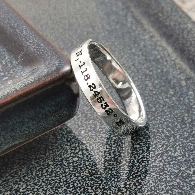 custom location latitude longitude coordinates silver band ring