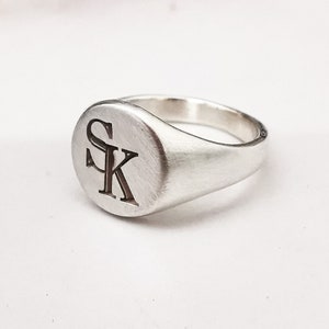 Initial Round Silver Signet Ring - Custom Engraved Monogram Ring - Ring Engraved With Your Handwriting - Mens Bespoke Signet Ring Silver