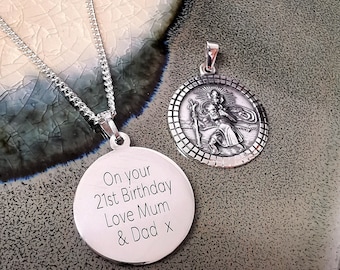 St Christopher Mosaic Border Sterling Silver Necklace - Mens Travel Gift Pendant Good Luck Birthday, Fine Quality Saint Christopher Medal