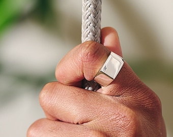 Initial Silver Large Square Signet Ring - Mens Square Ring Custom Engraved - Silver Monogram Signet Ring - Bespoke Custom Ring For Men