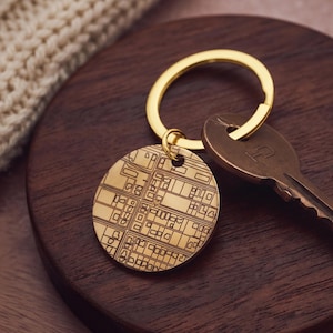 May include: A gold-colored round keychain with a detailed map design. The keychain is attached to a gold ring and a bronze-colored key. The items are placed on a dark wooden surface.