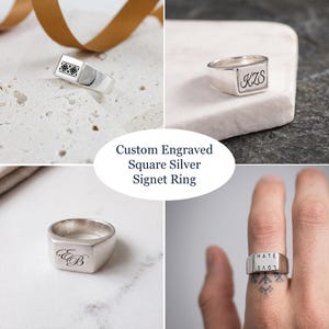May include: A square silver signet ring featuring various custom engravings including a geometric pattern, the initials KZS, the initials EB, and the words HATE LOVE. The ring has a polished metallic finish and a flat square face for engraving.