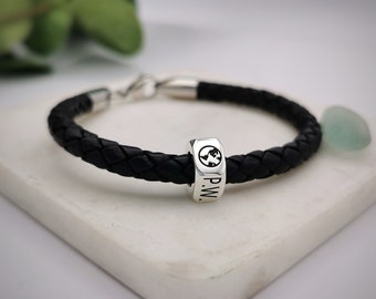 Personalised Travel Symbols Solid Silver & Leather Bracelet - Travel Gift - Men's Leather Bracelet - Good Luck Gift For Son 18th 21st