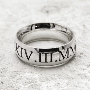 Roman Numerals Men&#39;s Silver Ring - Custom Date Ring - Mans Chunky Silver Ring Engraved - Destination Ring - Silver Engraved Wedding Band
