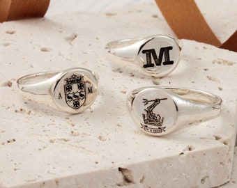 Custom Engraved Silver Signet Ring - Bespoke Design - Your Handwriting - Icons Runes & Symbols - Mens Or Womens Custom Rings Sterling Silver