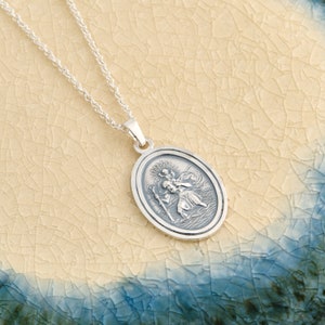 Oval St Christopher Necklace For Men & Women -  Silver Engraved Necklace - Small Man&#39;s Sterling Saint Christopher Medal Personalised Pendant