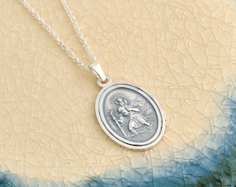 Oval St Christopher Necklace For Men & Women -  Silver Engraved Necklace - Small Man's Sterling Saint Christopher Medal Personalised Pendant