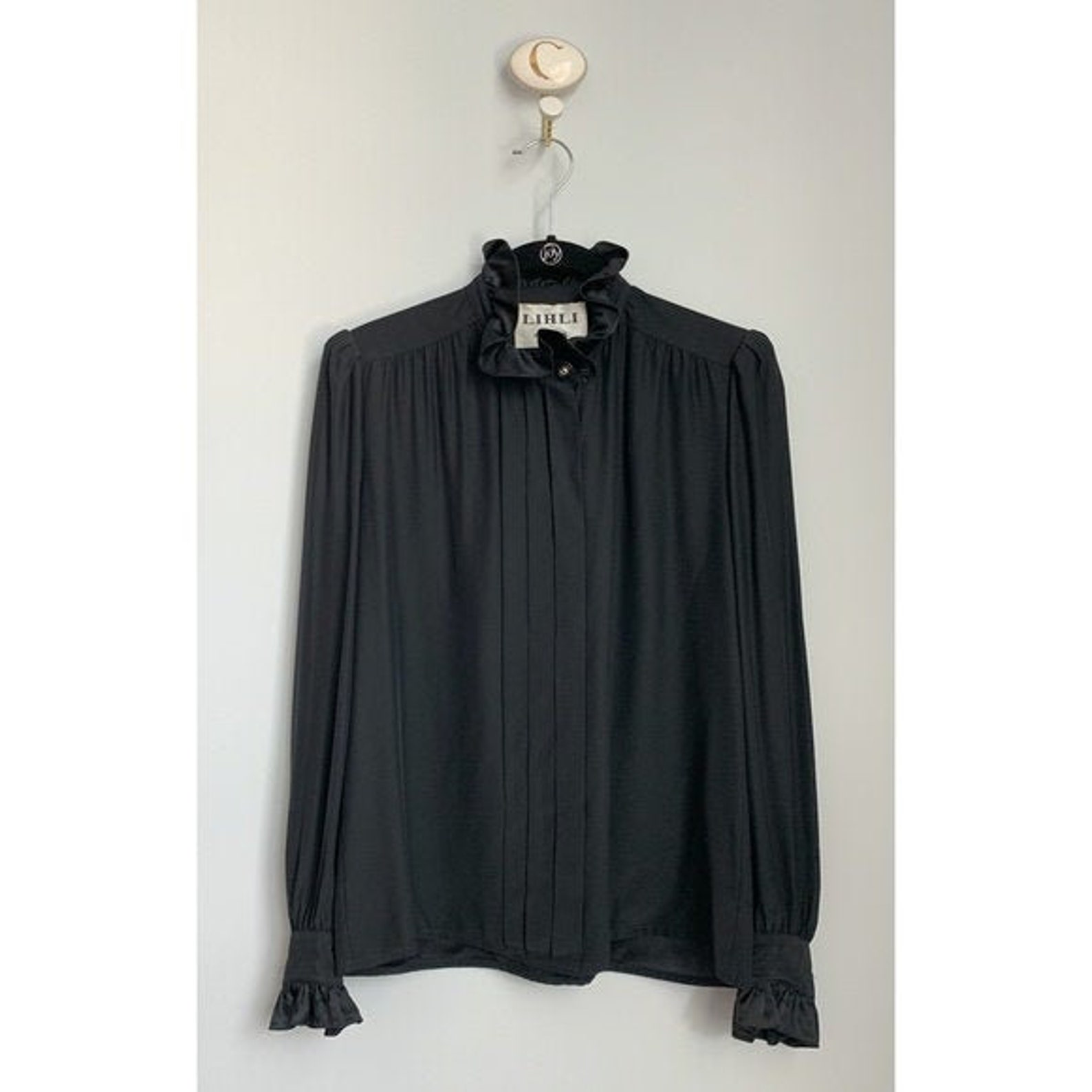 Vintage Lihli Black 100% Silk Ruffle Mock Neck Collar Pleated | Etsy