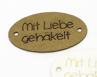 Labels made of SnapPap "crocheted with love", 30 x 19 mm oval, vegan, patch made of SnapPap, vegan handmade label washable