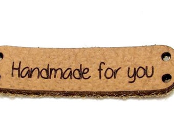Leather label "Handmade for you", 40 x 12 mm, brown, leather labels handmade for you, leather label handmade, leather label for sewing on