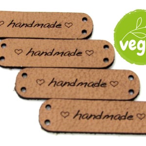 10 etiketter i konstläder med egen text eller logotyp, 40 x 12 mm, lappar för hemgjorda produkter, veganska, tillverkade av konstläder eller SnapPap®