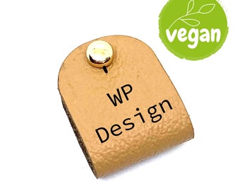 10 labels semicircular 22 x 64 mm with rivet, logo/text of your choice, vegan made of imitation leather or SnapPap®