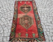 Persian Rug, Red Rug Antique, 3x6 ft, Organic Wool Rugs for bedroom, Heriz Rug, Turkish Vintage Rug, Muted floral pattern, Marvelous Rug
