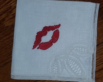 Embroidered Valentine Lips Cocktail Napkin Hanky
