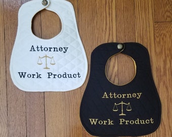 Baby Bib Embroidered With Attorney Work Product and Scales of Justice