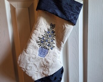 Handmade Blue And White Chinoisere Embroidered Christmas Tree Stocking Lined
