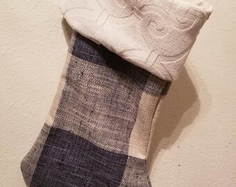 Handmade Buffalo Check Indigo Blue Cuffed Christmas Stocking Lined