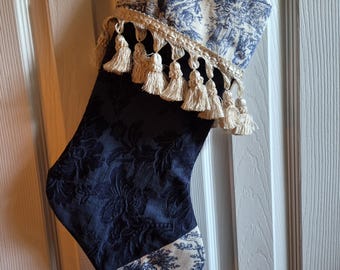 Handmade Blue Brocade And Blue Toile Cuffed Christmas Stocking Lined