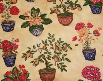 Vintage Yellow Floral Chinoisere Fabric 3 1/4 Yard
