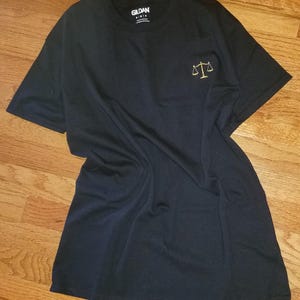 T-Shirt Black Embroidered With Scales of Justice 4 Adult Sizes