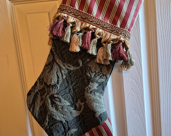 Handmade Dark Green Brocade And Red Striped Cuffed Christmas Stocking Lined