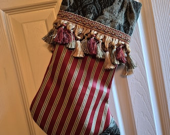 Handmade Red Striped And Dark Green Brocade Cuffed Christmas Stocking Lined