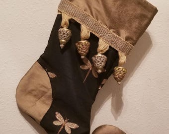 Handmade Dragonfly Fabric Christmas Stocking Pine Cone Trim Cuffed and Lined