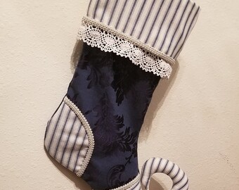 Handmade Navy Indigo Blue Brocade Christmas Stocking With Blue Ticking Cuff Lined