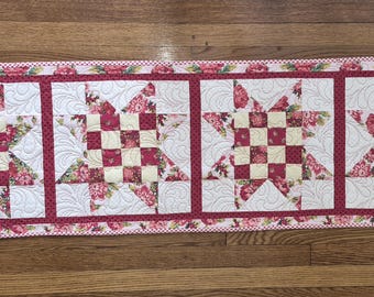 Handmade Quilted Table Runner In Reds And Yellows Floral 15 x 55