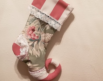 Handmade Red Stripe With Pine Cone And Berries Bark Cloth Look Fabric Christmas Stocking