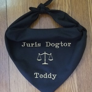 Juris Dogtor Scales of Justice Dog Bandana  EmbroideredPersonalized Black W/Gold Thread