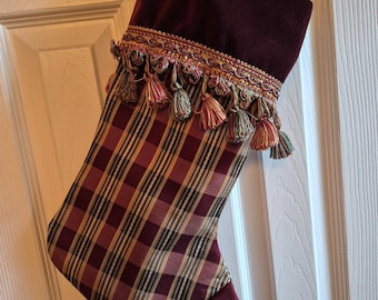 Handmade Burgundy And Gold Plaid Cuffed Christmas Stocking Lined