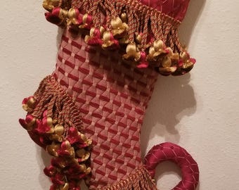 Handmade Red Elf Toe Christmas Stocking Cuffed Lined Fringe Trim