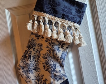Handmade Blue Toile Cuffed Christmas Stocking Lined