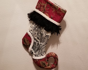 Handmade Toile Cuffed Christmas Stocking Feather Trim With Floral Fabric Cuff Lined
