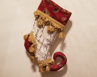Handmade Script With Floral Fabric Cuffed Christmas Stocking Lined W/Coordinating Fabric