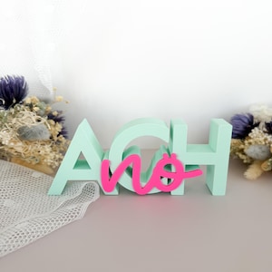 Könnte beinhalten: Mintgrüne Holzbuchstaben mit der Aufschrift "ACH" mit einem leuchtend pinkfarbenen "No"-Overlay. Die Buchstaben stehen auf einer hellgrauen Oberfläche, mit Trockenblumen im Hintergrund. Die Buchstaben sind ein dekorativer Artikel.